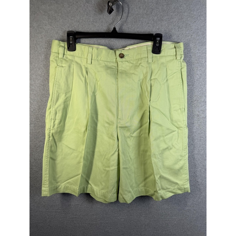 Chaps Shorts Mens 34 Green Pleated Chino Cotton Preppy Casual Summer 10" Inseam